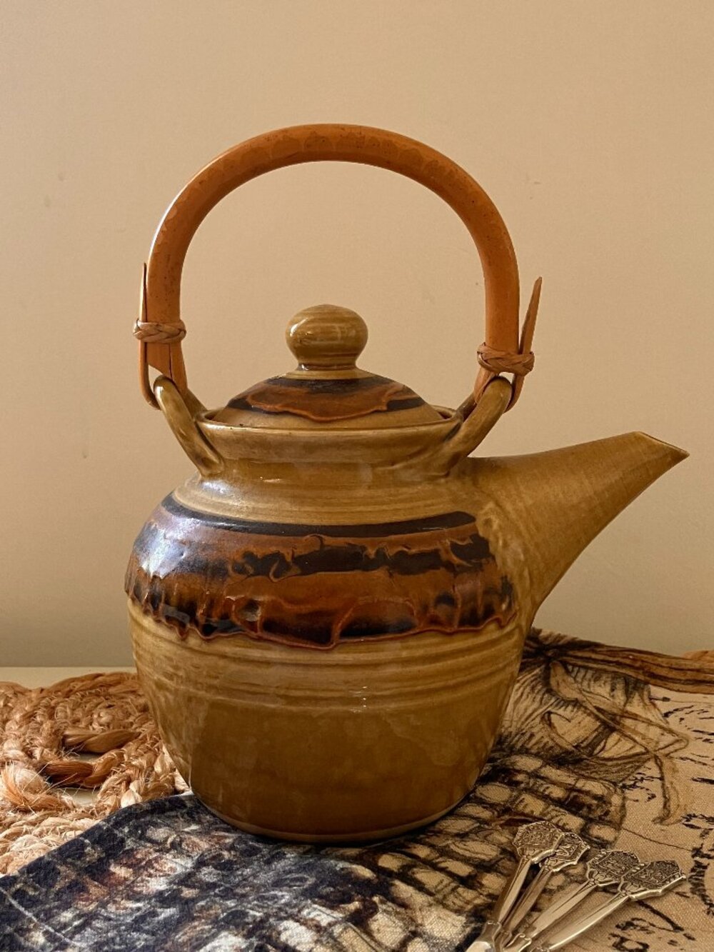 1970's Brown Glazed Pottery Teapot, Rustic Teapot, Folk Art Teapot